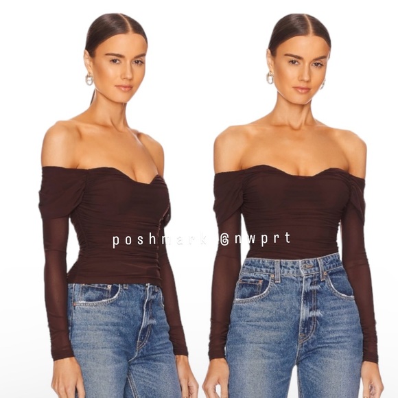 MAJORELLE Tops - NWT ✨ Majorelle Constance Off Shoulder Mesh Ruched Top Brown Sheer XXS XS